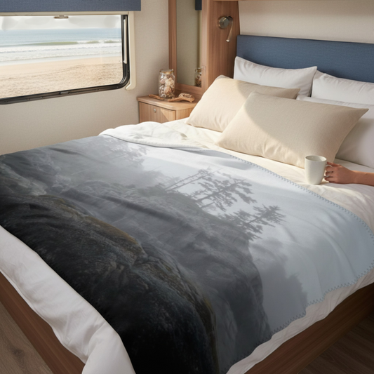 Van Isle Goddess West Coast Ocean Fog blanket, double-thick minky fabric, grey back, coastal photography of foggy trees on rocks.