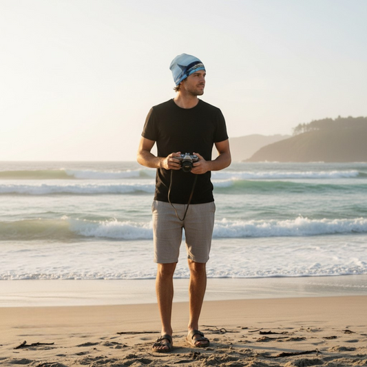 Van Isle Goddess Orca Spray Beanie with bamboo lining, featuring a blue orca whale graphic. Unisex, lightweight, and perfect for outdoor activities.