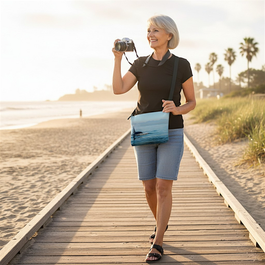 Van Isle Goddess Orca Spray vegan leather crossbody purse with adjustable strap and orca whale print.