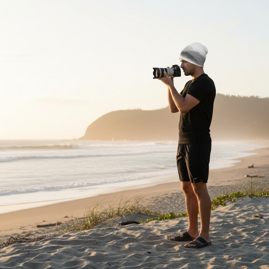 Van Isle Goddess Pacific Mist beanie with bamboo lining, featuring a landscape print. Unisex, slouchy fit.