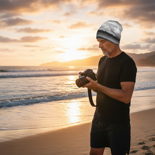 Van Isle Goddess Parksville Beach Beanie with bamboo lining, grey cloud pattern, lightweight, breathable, fits under helmet.
