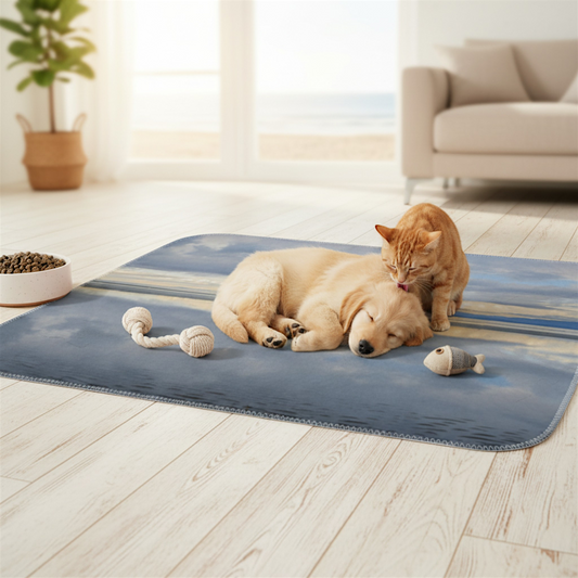 Van Isle Goddess Light Language Parksville Beach coastal blanket, featuring a serene ocean reflection under a cloudy sky. Double minky polyester.