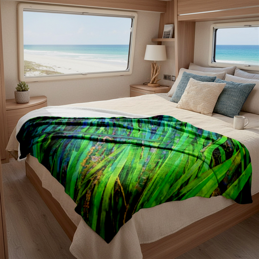 Van Isle Goddess Shades of Green Coastal Blanket, featuring vibrant green and blue sea grass pattern on soft minky fabric.