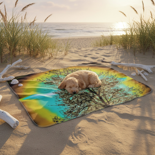Van Isle Goddess Island Tree of Life coastal blanket in double minky fabric with vibrant yellow, teal, and brown abstract background.