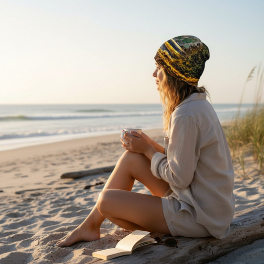 Van Isle Goddess Ucluelet Inlet beanie with abstract landscape print, bamboo lining, polyester-spandex blend.