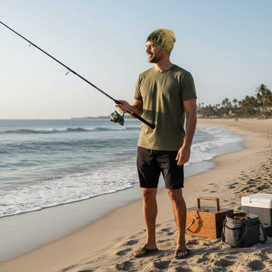 Van Isle Goddess men's slouchy beanie with Vancouver Island grass print, bamboo lining, polyester-spandex blend.