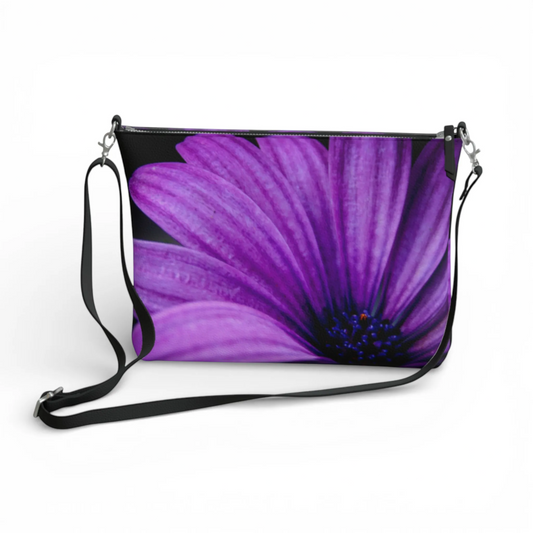 Van Isle Goddess Violet Summer vegan leather crossbody purse with adjustable strap, featuring a vibrant purple flower print.
