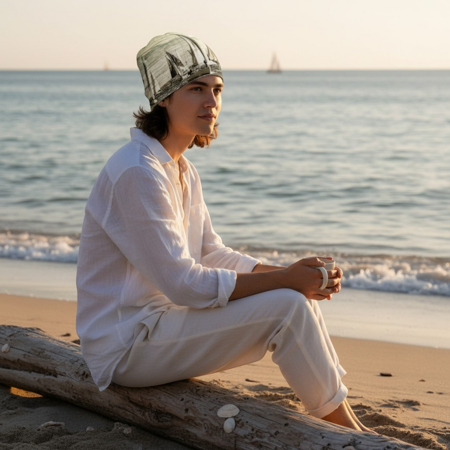 Van Isle Goddess Yacht Race Beanie with sailboat print, bamboo lining, polyester-spandex blend, perfect for outdoor activities.