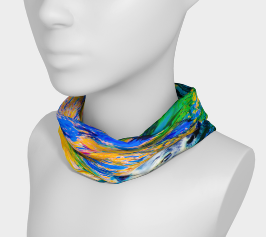 Otter art neckband neck gaiter headband features a sea otter with a colorful abstract background.