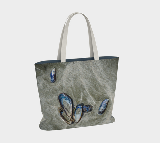 Van Isle Goddess Mussel Shells on Chesterman Beach oversized Market Tote.