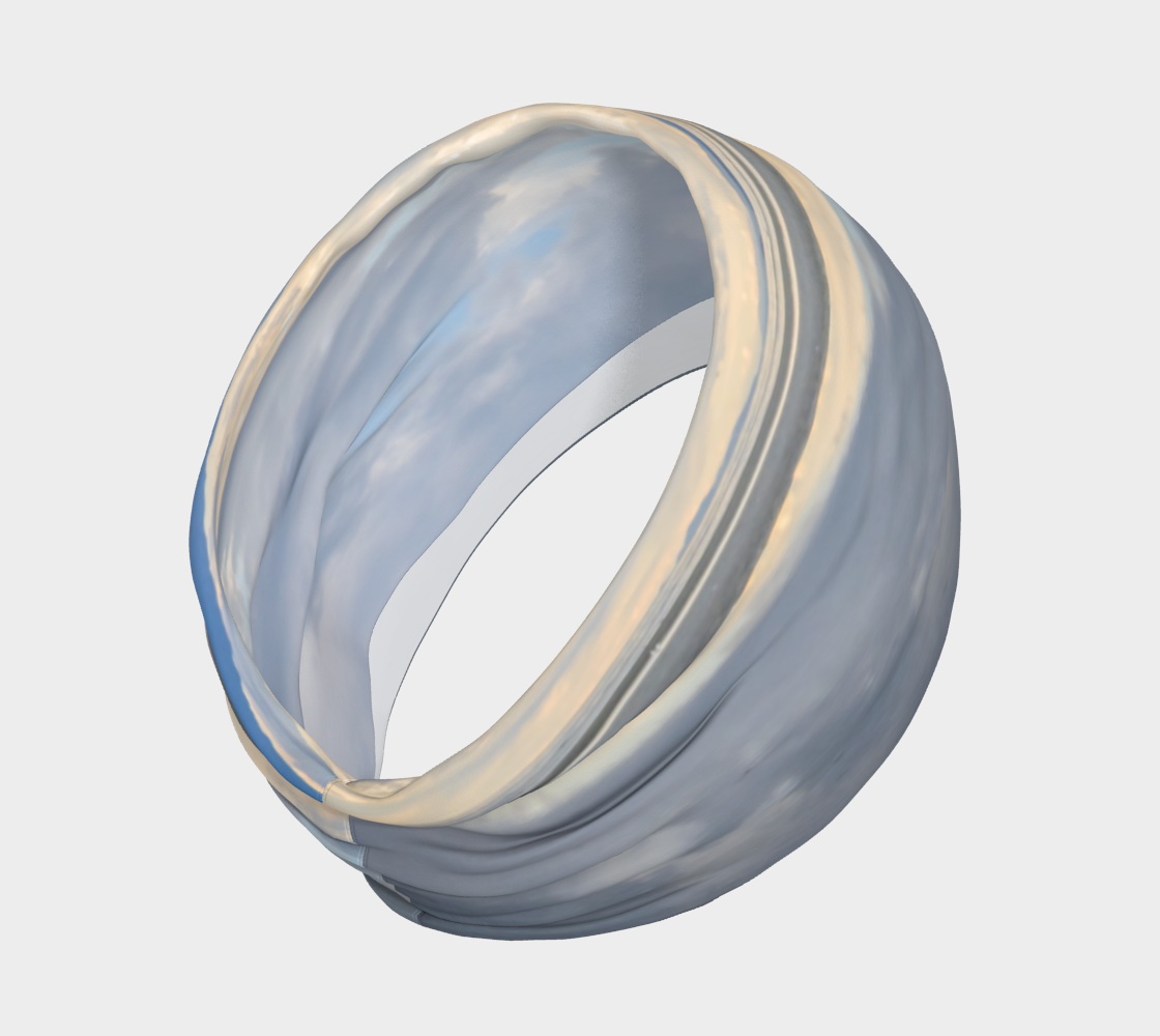 Light Language Parksville Beach Headband neck gaiter. the image is of parksville beach in the early morning and the ocean was so calm it looked like glass. soft colours.
