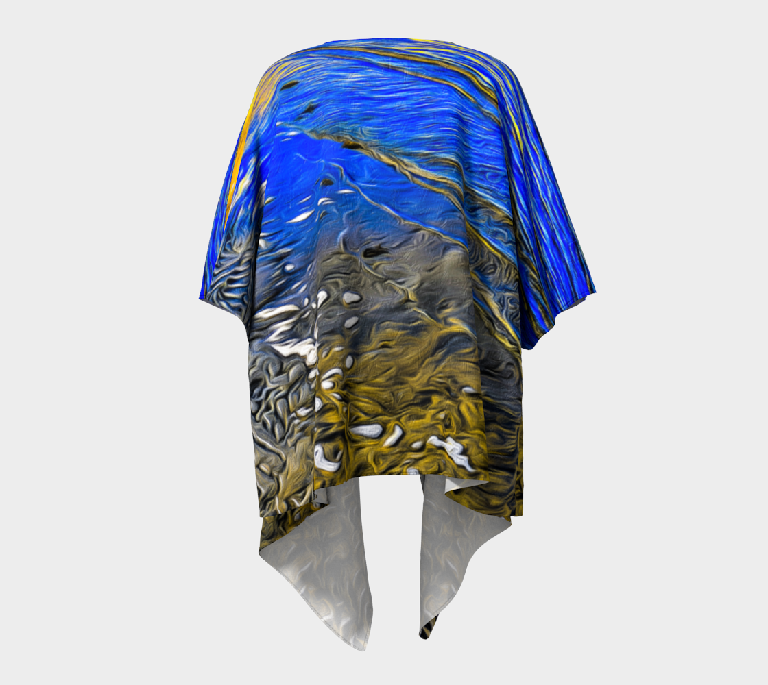 Draped kimono with artwork of the beach at low tide.