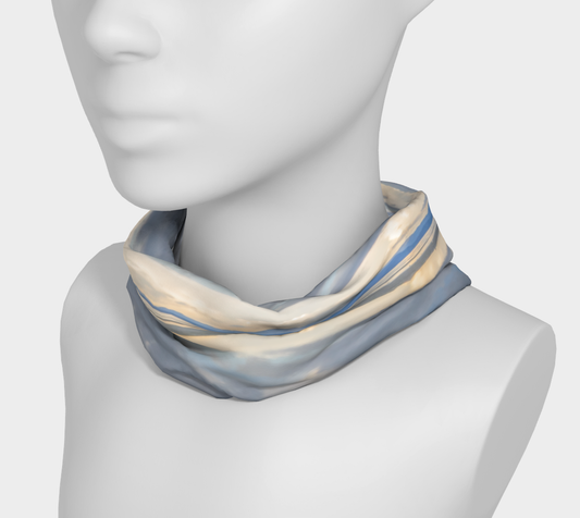 Light Language Parksville Beach Headband neck gaiter. the image is of parksville beach in the early morning and the ocean was so calm it looked like glass. soft colours.