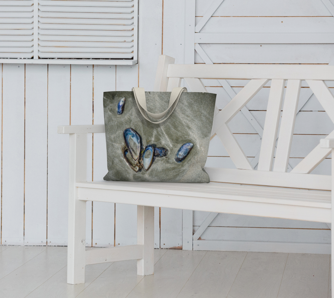 Van Isle Goddess Mussel Shells on Chesterman Beach oversized Market Tote.