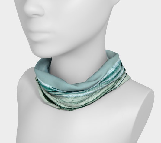 ocean calling is a headband and or neck gaiter with an image of the ocean waves at long beach in tofino
