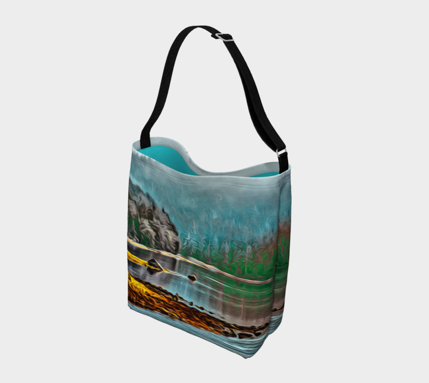 Aqua Ucluelet Inlet Day Tote Everyday Day Tote for Everything! Van Isle Goddess ultimate tote bag! Adjustable strap for comfort, the tote is made from soft and supple neoprene that stretches to fit whatever you can put in it! Vibrant artwork that will never fade with washing. Aqua Ucluelet Inlet Artwork by Roxy Hurtubise with turquoise interior.
