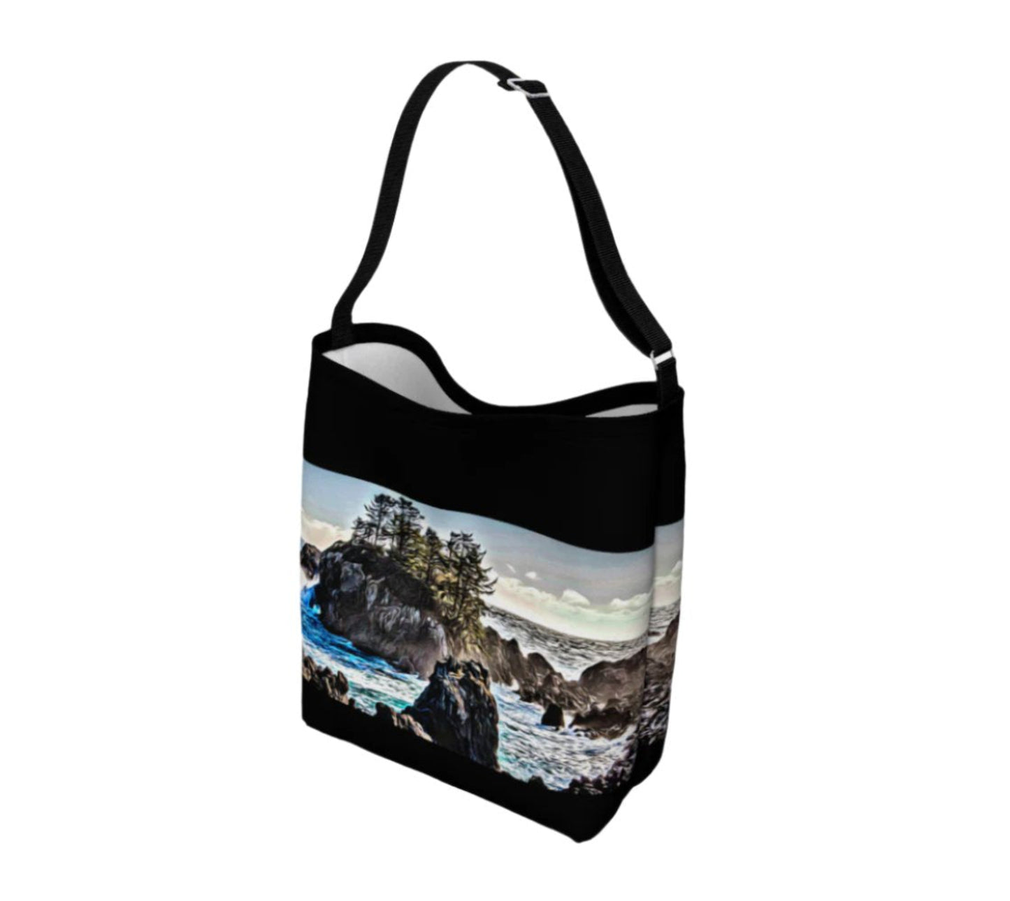 Coastal Energy Day Tote Everyday Day Tote for Everything! Van Isle Goddess ultimate tote bag! Adjustable strap for comfort, the tote is made from soft and supple neoprene that stretches to fit whatever you can put in it! Vibrant artwork that will never fade with washing. Coastal Energy Artwork by Roxy Hurtubise
