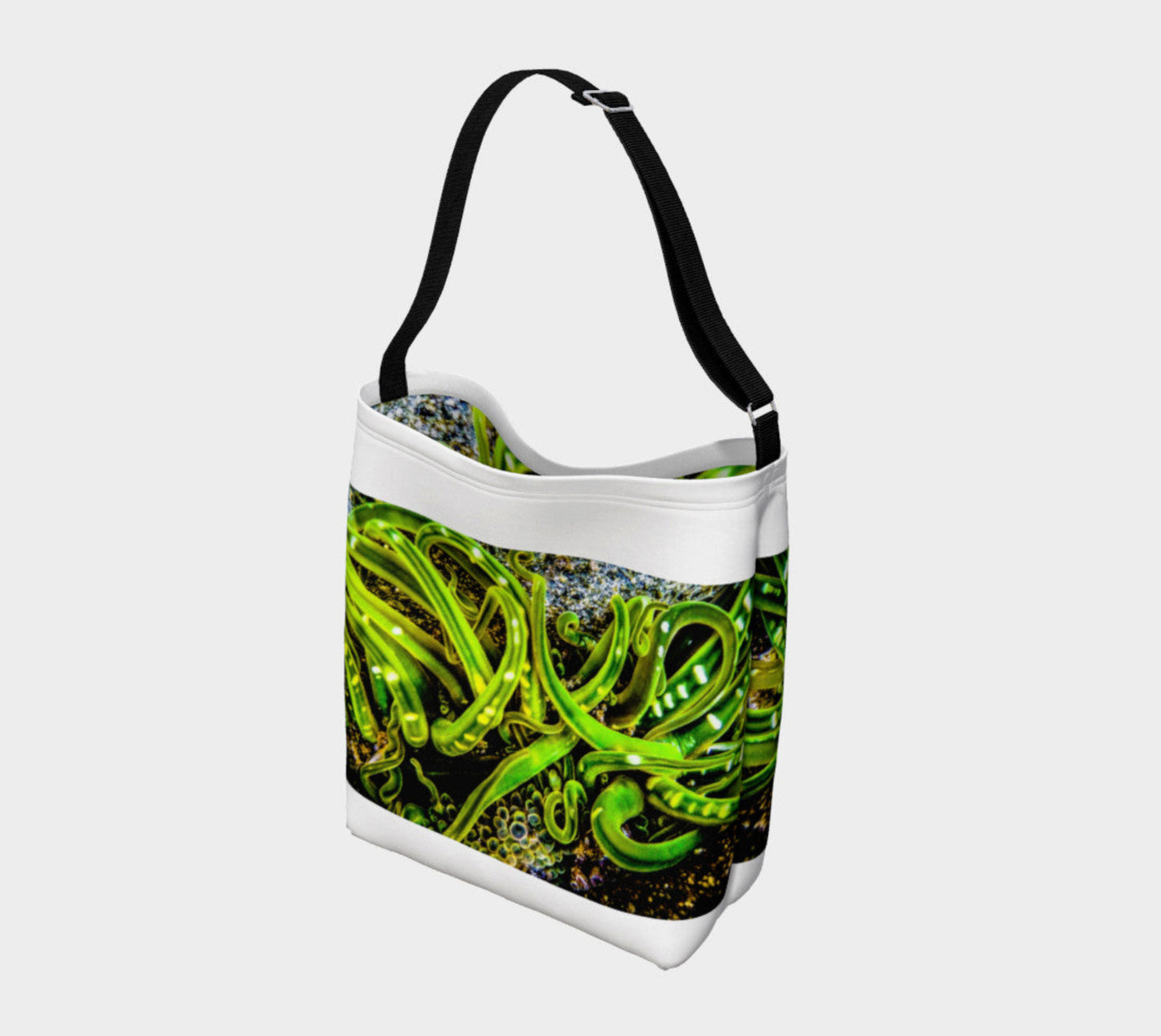 Entanglement Green Sea Anemone Day Tote Everyday Day Tote for Everything! Van Isle Goddess ultimate tote bag! Adjustable strap for comfort, the tote is made from soft and supple neoprene that stretches to fit whatever you can put in it! Vibrant artwork that will never fade with washing. Tango Green Sea Anemone Artwork by Roxy Hurtubise with matching interior.