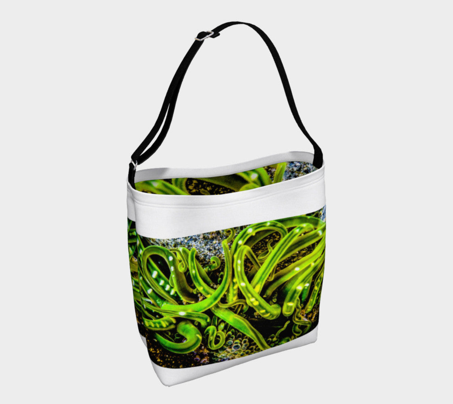 Entanglement Green Sea Anemone Day Tote Everyday Day Tote for Everything! Van Isle Goddess ultimate tote bag! Adjustable strap for comfort, the tote is made from soft and supple neoprene that stretches to fit whatever you can put in it! Vibrant artwork that will never fade with washing. Tango Green Sea Anemone Artwork by Roxy Hurtubise with matching interior.