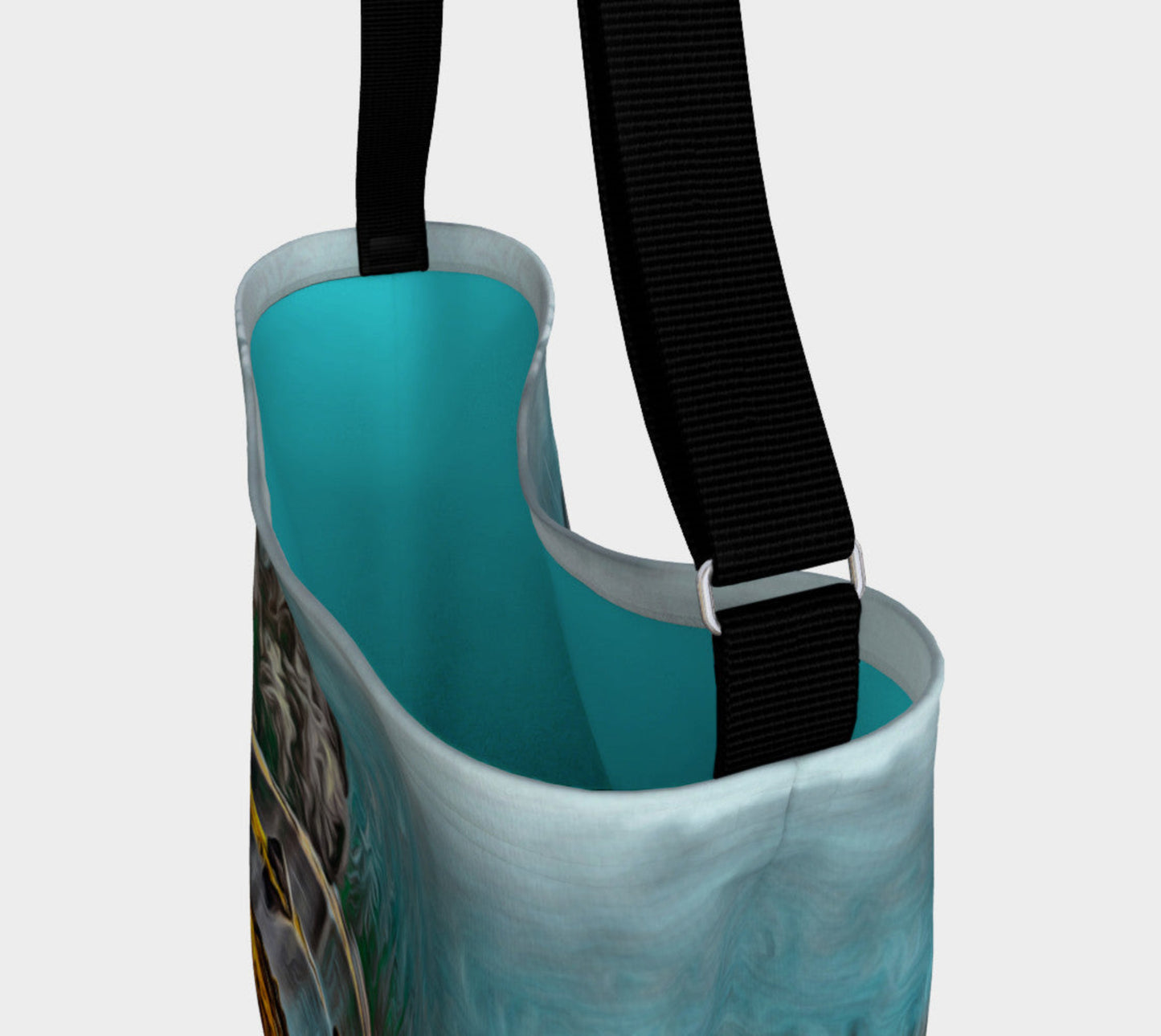 Aqua Ucluelet Inlet Day Tote Everyday Day Tote for Everything! Van Isle Goddess ultimate tote bag! Adjustable strap for comfort, the tote is made from soft and supple neoprene that stretches to fit whatever you can put in it! Vibrant artwork that will never fade with washing. Aqua Ucluelet Inlet Artwork by Roxy Hurtubise with turquoise interior.