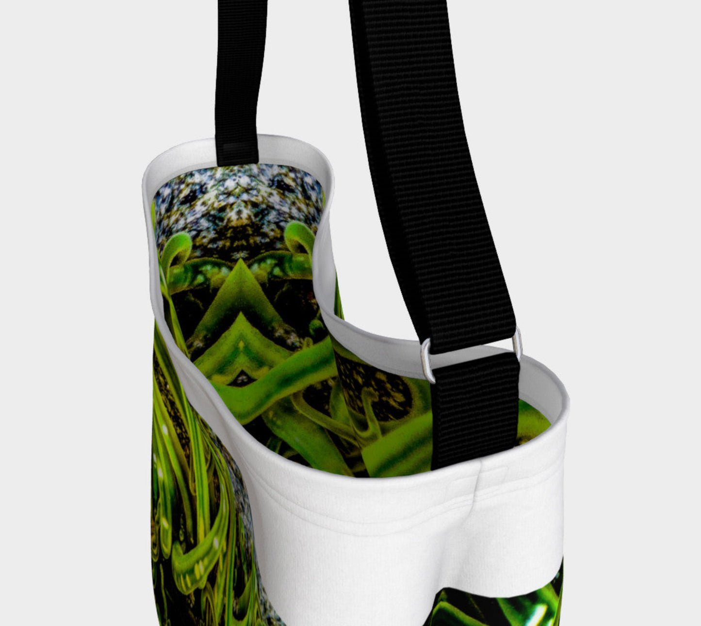 Interior of entanglement Green Sea Anemone Day Tote Everyday Day Tote for Everything! Van Isle Goddess ultimate tote bag! Adjustable strap for comfort, the tote is made from soft and supple neoprene that stretches to fit whatever you can put in it! Vibrant artwork that will never fade with washing. Tango Green Sea Anemone Artwork by Roxy Hurtubise with matching interior.