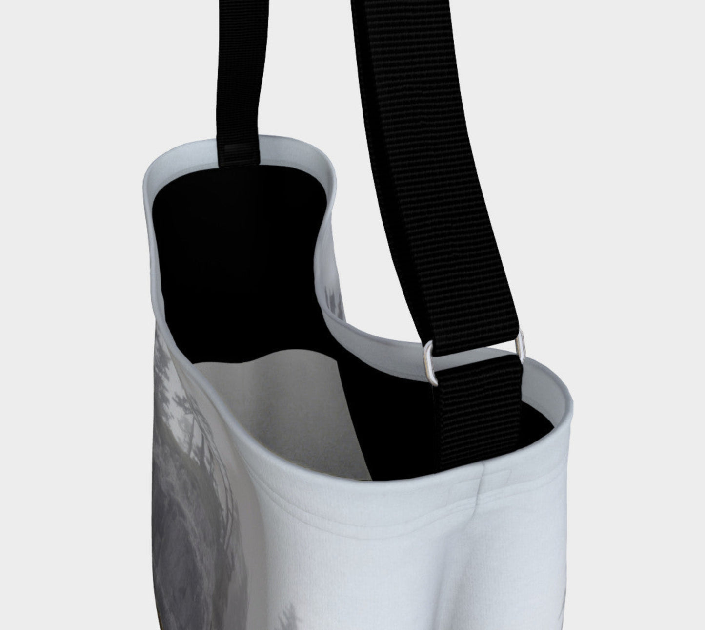 West Coast Ocean Fog Day Tote Everyday Day Tote for Everything! Van Isle Goddess ultimate tote bag! Adjustable strap for comfort, the tote is made from soft and supple neoprene that stretches to fit whatever you can put in it! Vibrant artwork that will never fade with washing. West Coast Ocean Fog Artwork by Roxy Hurtubise with black and white interior.