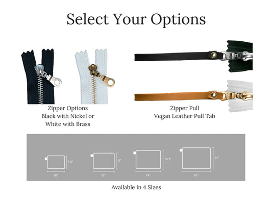 Options available for the adventure tote. Choose your size and zipper colours.