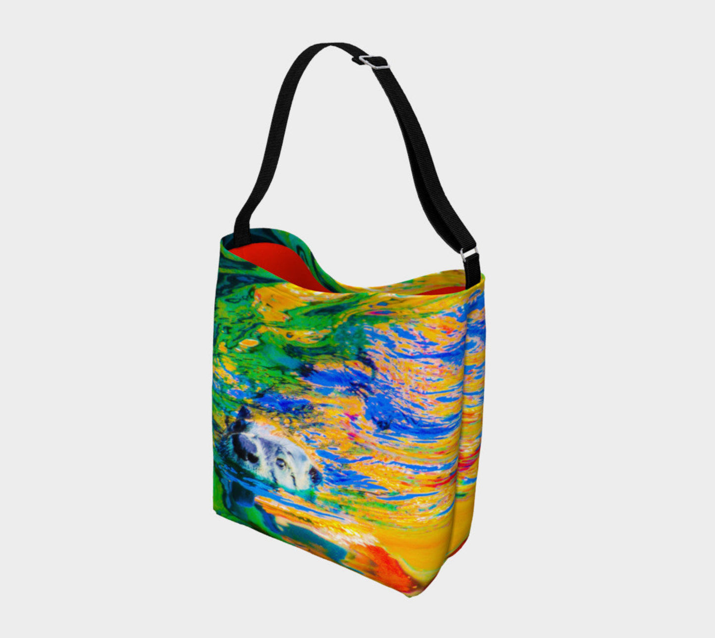 Otter Art Day Tote Everyday Day Tote for Everything! Van Isle Goddess ultimate tote bag! Adjustable strap for comfort, the tote is made from soft and supple neoprene that stretches to fit whatever you can put in it! Vibrant artwork that will never fade with washing. Otter Art Artwork by Roxy Hurtubise with solid bright orange color interior.