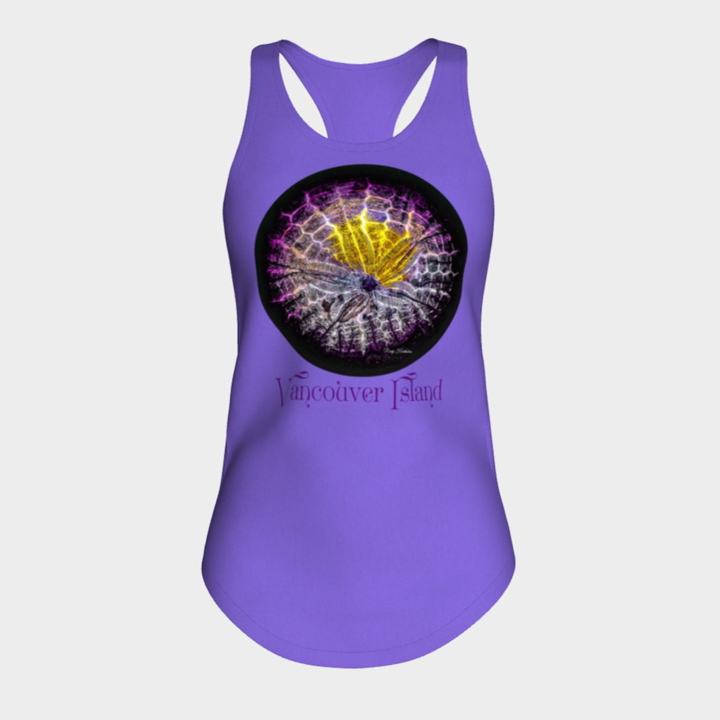 Spotlight Sand Dollar Vancouver Island Racerback Tank Top  Excellent choice for the summer or for working out.   Made from 60% spun cotton and 40% poly for a mix of comfort and performance, you get it all (including my photography and digital art) with this custom printed racerback tank top.   Van Isle Goddess Next Level racerback tank top will quickly become you go-to tank top because of the super comfy fit!