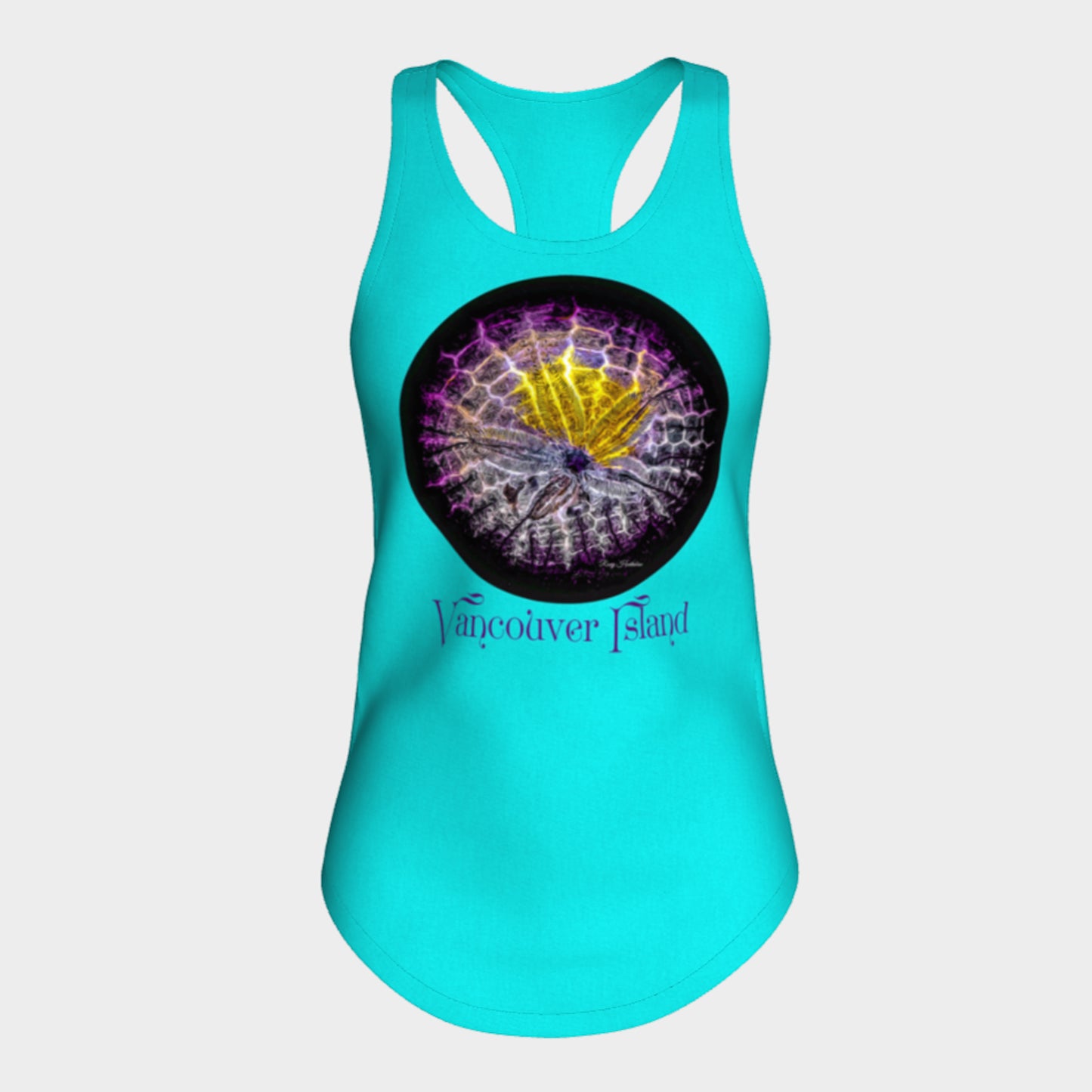 Spotlight Sand Dollar Vancouver Island Racerback Tank Top  Excellent choice for the summer or for working out.   Made from 60% spun cotton and 40% poly for a mix of comfort and performance, you get it all (including my photography and digital art) with this custom printed racerback tank top.   Van Isle Goddess Next Level racerback tank top will quickly become you go-to tank top because of the super comfy fit!