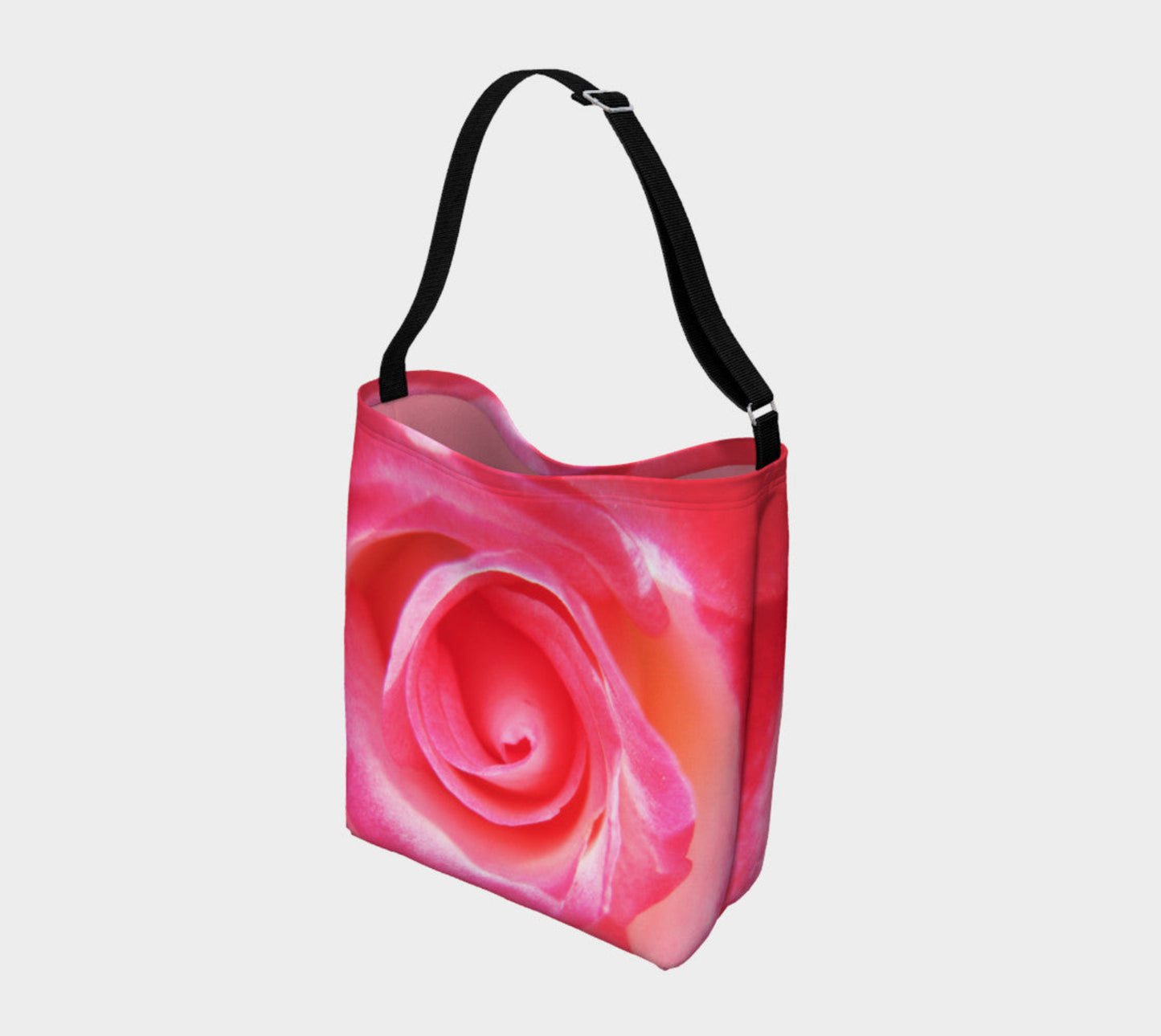Sparkle Rose Day Tote Everyday Day Tote for Everything! Van Isle Goddess ultimate tote bag! Adjustable strap for comfort, the tote is made from soft and supple neoprene that stretches to fit whatever you can put in it! Vibrant artwork that will never fade with washing. Sparkle Rose Artwork by Roxy Hurtubise with pastel pink interior.
