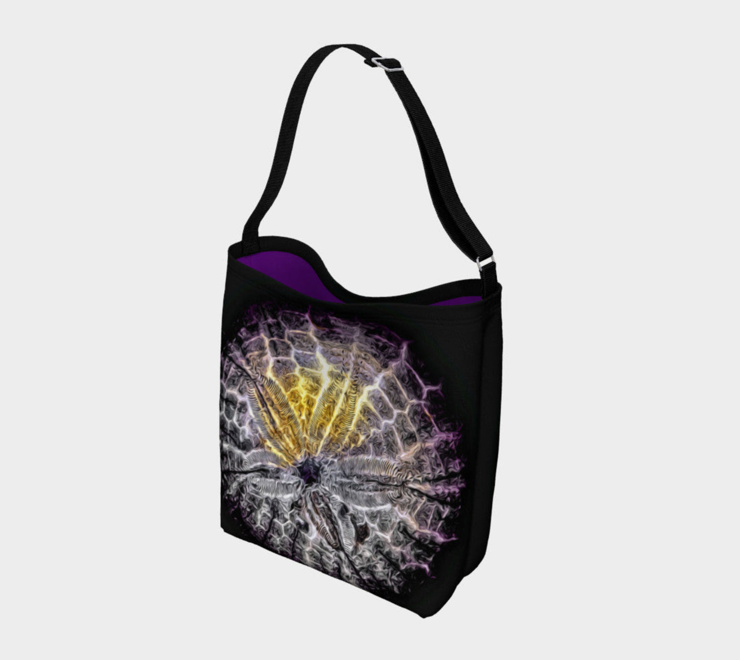 Spotlight Sand Dollar Day Tote Everyday Day Tote for Everything! Van Isle Goddess ultimate tote bag! Adjustable strap for comfort, the tote is made from soft and supple neoprene that stretches to fit whatever you can put in it! Vibrant artwork that will never fade with washing. Spotlight Sand Dollar Artwork by Roxy Hurtubise with purple interior.
