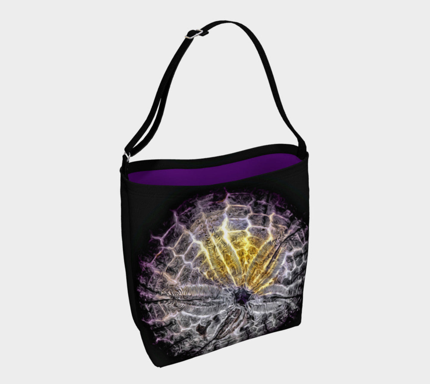 Spotlight Sand Dollar Day Tote Everyday Day Tote for Everything! Van Isle Goddess ultimate tote bag! Adjustable strap for comfort, the tote is made from soft and supple neoprene that stretches to fit whatever you can put in it! Vibrant artwork that will never fade with washing. Spotlight Sand Dollar Artwork by Roxy Hurtubise with purple interior.