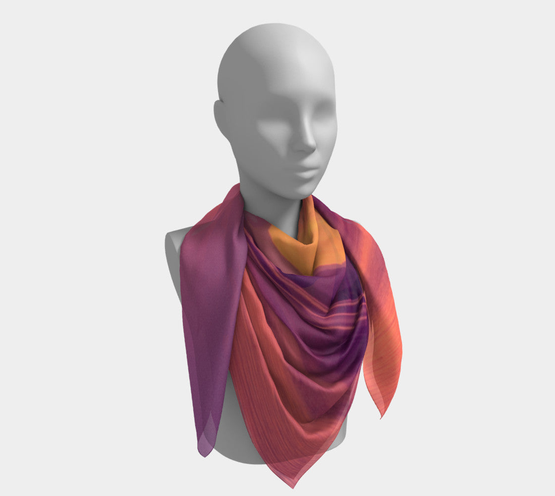 Vancouver Island Sunset 50 inch Square Scarf Worn around the neck by vanislegoddess.com