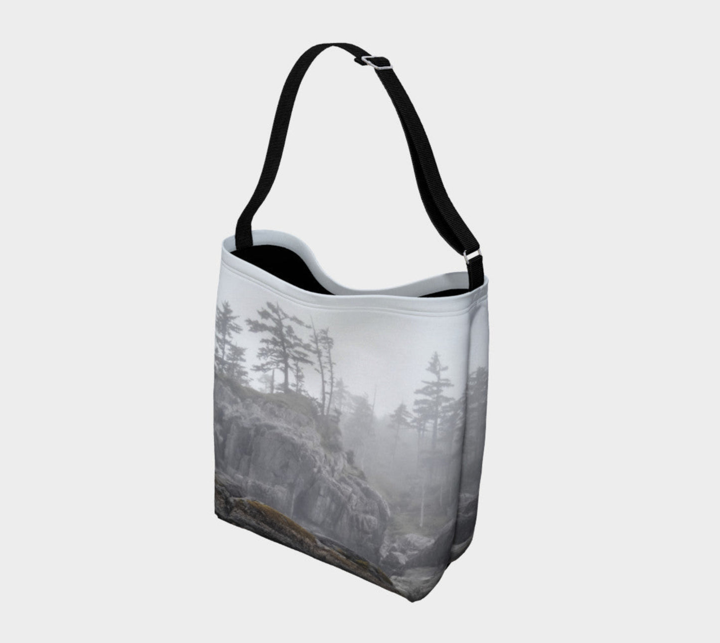 West Coast Ocean Fog Day Tote Everyday Day Tote for Everything! Van Isle Goddess ultimate tote bag! Adjustable strap for comfort, the tote is made from soft and supple neoprene that stretches to fit whatever you can put in it! Vibrant artwork that will never fade with washing. West Coast Ocean Fog Artwork by Roxy Hurtubise with black and white interior.