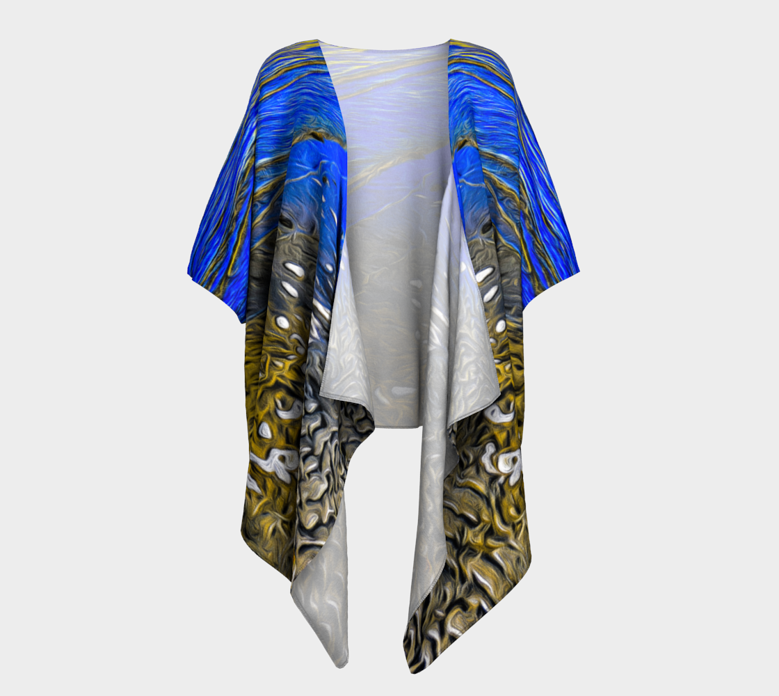 Draped kimono with artwork of the beach at low tide.