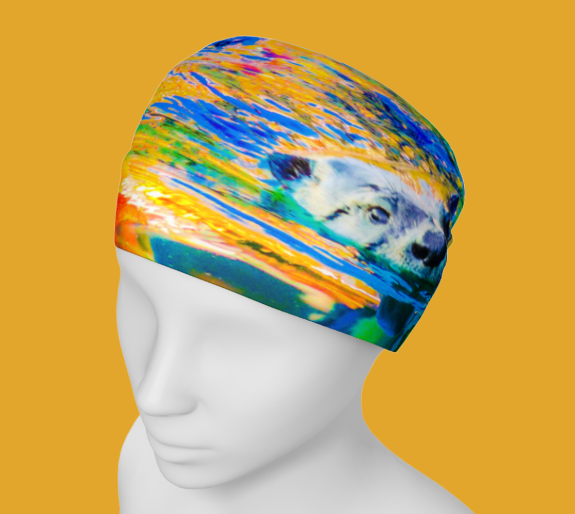 Otter art neckband neck gaiter headband features a sea otter with a colorful abstract background.
