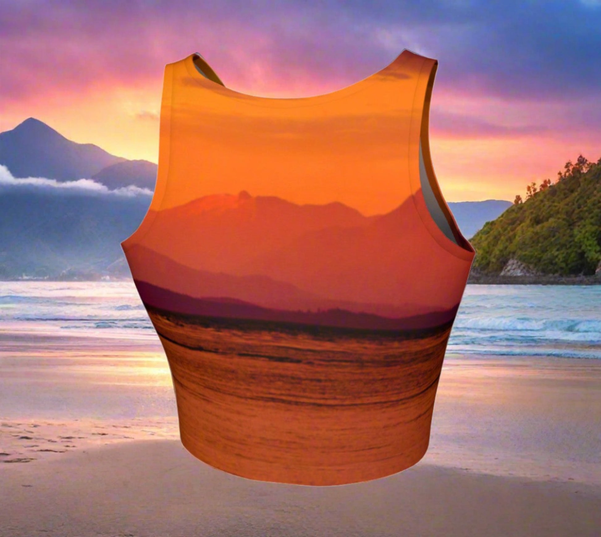 Saratoga Sunset Athletic Crop Top  Saratoga Sunset artwork by Roxy Hurtubise   Made to move with you!  Wear for your daily workouts, yoga, beach volleyball or as a bathing suit top!  Your Van Isle Goddess athletic crop top pairs up with our yoga or classic leggings and capris. Crop tops also look great with shorts, mini shorts, skirts fitted or flared.