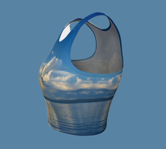 Qualicum Beach Active Crop Top. The image is of the stunning landscape that is Qualicum Beach on Vancouver Island.