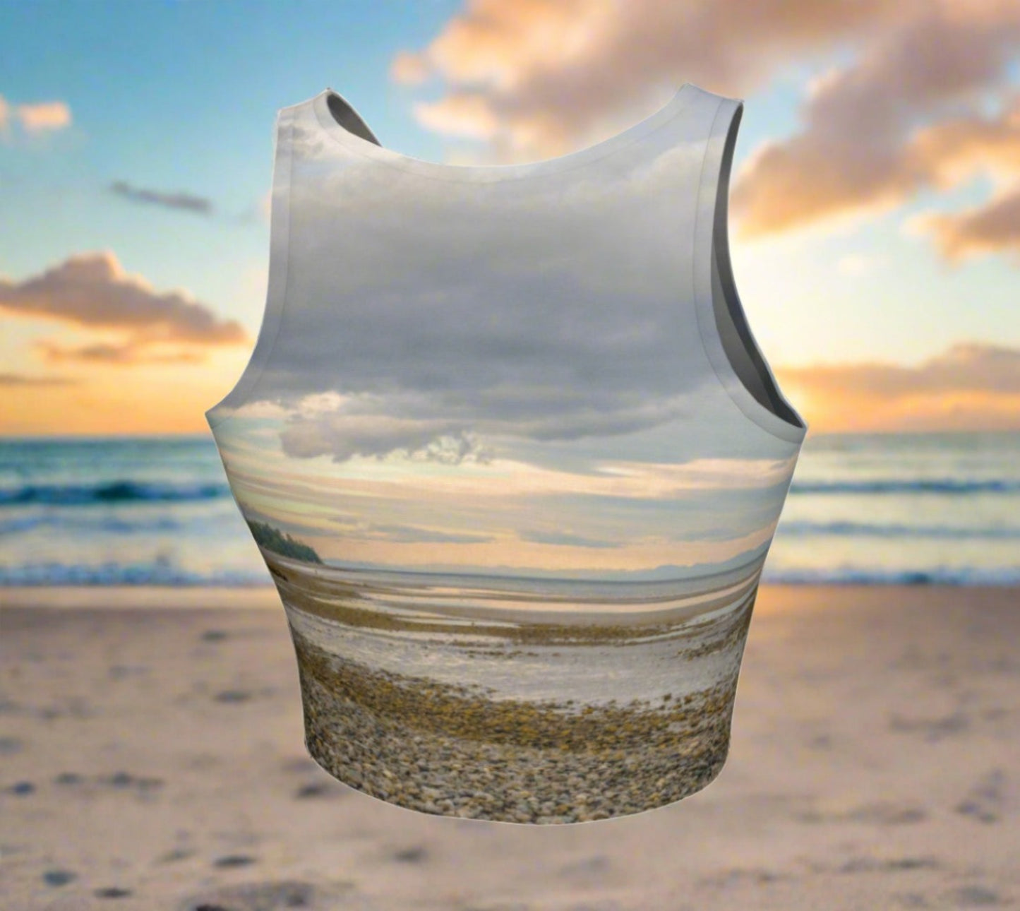 Miracle Beach Athletic Crop Top features a image of Miracle Beach on Vancouver Island.