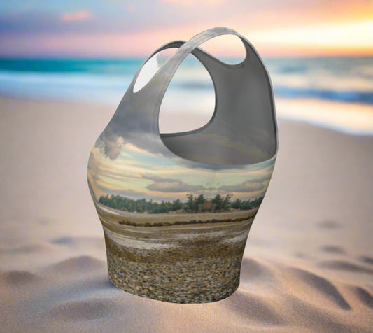 Miracle Beach Athletic Crop Top features a image of Miracle Beach on Vancouver Island.