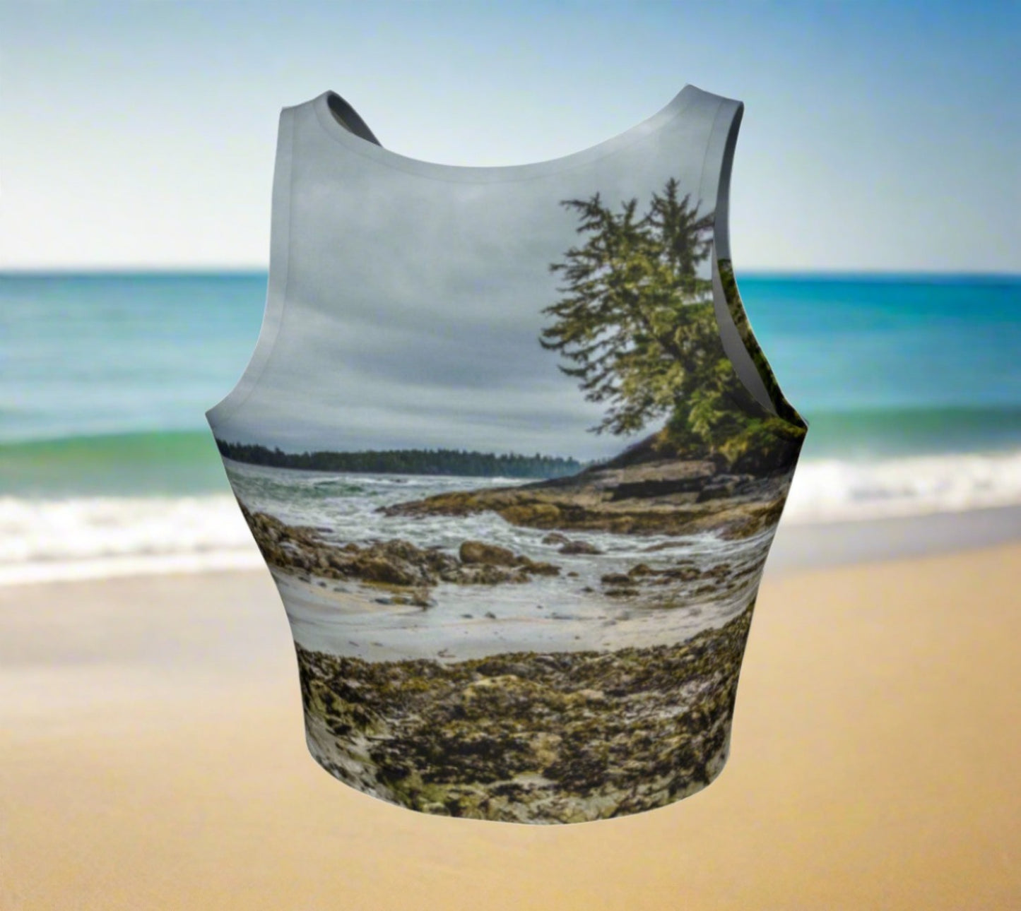 McKenzie Beach Athletic Crop Top  McKenzie Beach artwork by Roxy Hurtubise   Made to move with you!  Wear for your daily workouts, yoga, beach volleyball or as a bathing suit top!  Your Van Isle Goddess athletic crop top pairs up with our yoga or classic leggings and capris. Crop tops also look great with shorts, mini shorts, skirts fitted or flared.