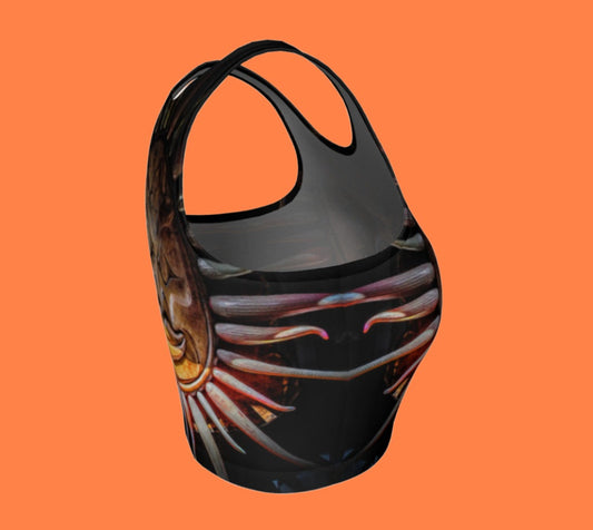 Sun Mask Active Crop Top Sun mask carving photography is printed on the crop top.