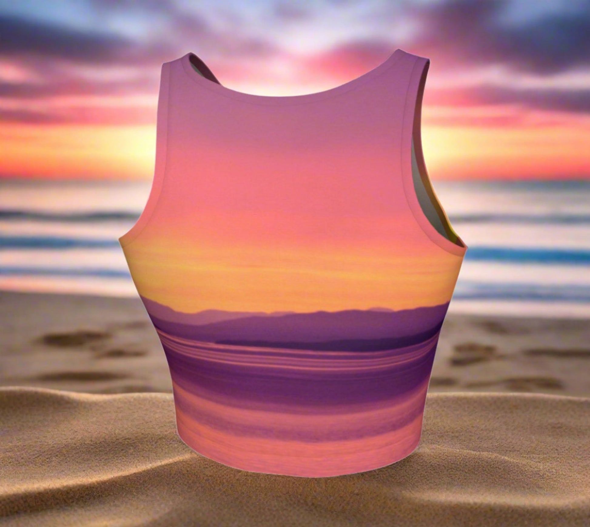 Vancouver Island Sunset Athletic Crop Top  Vancouver Island Sunset artwork by Roxy Hurtubise  Made to move with you!  Wear for your daily workouts, yoga, beach volleyball or as a bathing suit top!  Your Van Isle Goddess athletic crop top pairs up with our yoga or classic leggings and capris. Crop tops also look great with shorts, mini shorts, skirts fitted or flared.