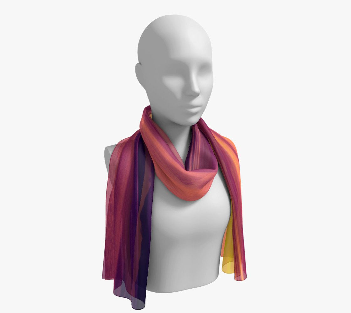Vancouver Island Sunset Long Scarf  Wear as a scarf, shawl or as a head wrap.  Use for home decor as a wall hanging, also makes fabulous Wedding Party Gifts!    Artwork printed on 100% polyester lightweight fabric.    Choose from three different fabrics polychiffon, satin charmeuse and matte crepe.    Machined baby rolled edge hem finish.  Choose from 2 sizes:    10" x 45"    16" x 72" by Roxy Hurtubise vanislegoddess.com