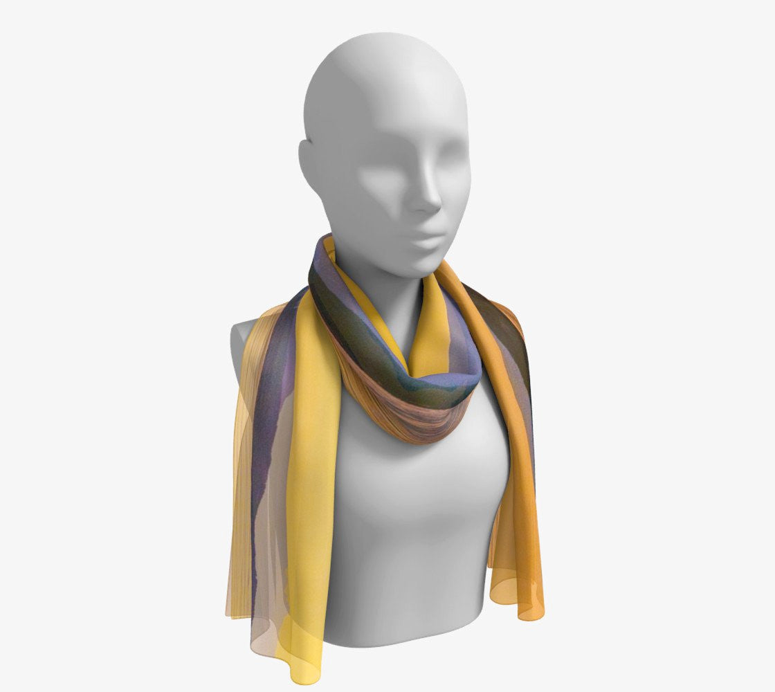 Magic Morning Long Scarf Wear as a scarf, shawl or as a head wrap. Use for home decor as a wall hanging, also makes fabulous Wedding Party Gifts! Artwork printed on 100% polyester lightweight fabric. Choose from three different fabrics polychiffon, satin charmeuse and matte crepe. Machined baby rolled edge hem finish. Choose from 2 sizes: 10" x 45" 16" x 72" by Roxy Hurtubise Vanislegoddess.com