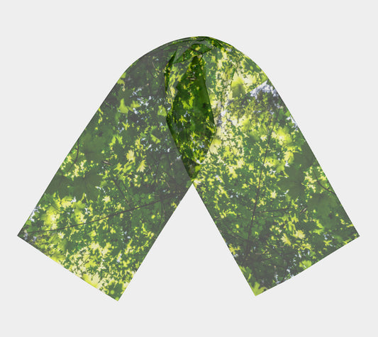 Canopy of Leaves Long Scarf Wear as a scarf, shawl or as a head wrap. Use for home decor as a wall hanging, also makes fabulous Wedding Party Gifts! Artwork printed on 100% polyester lightweight fabric. Choose from three different fabrics polychiffon, satin charmeuse and matte crepe. Machined baby rolled edge hem finish. Choose from 2 sizes: 10" x 45" 16" x 72" by vanislegoddess.com