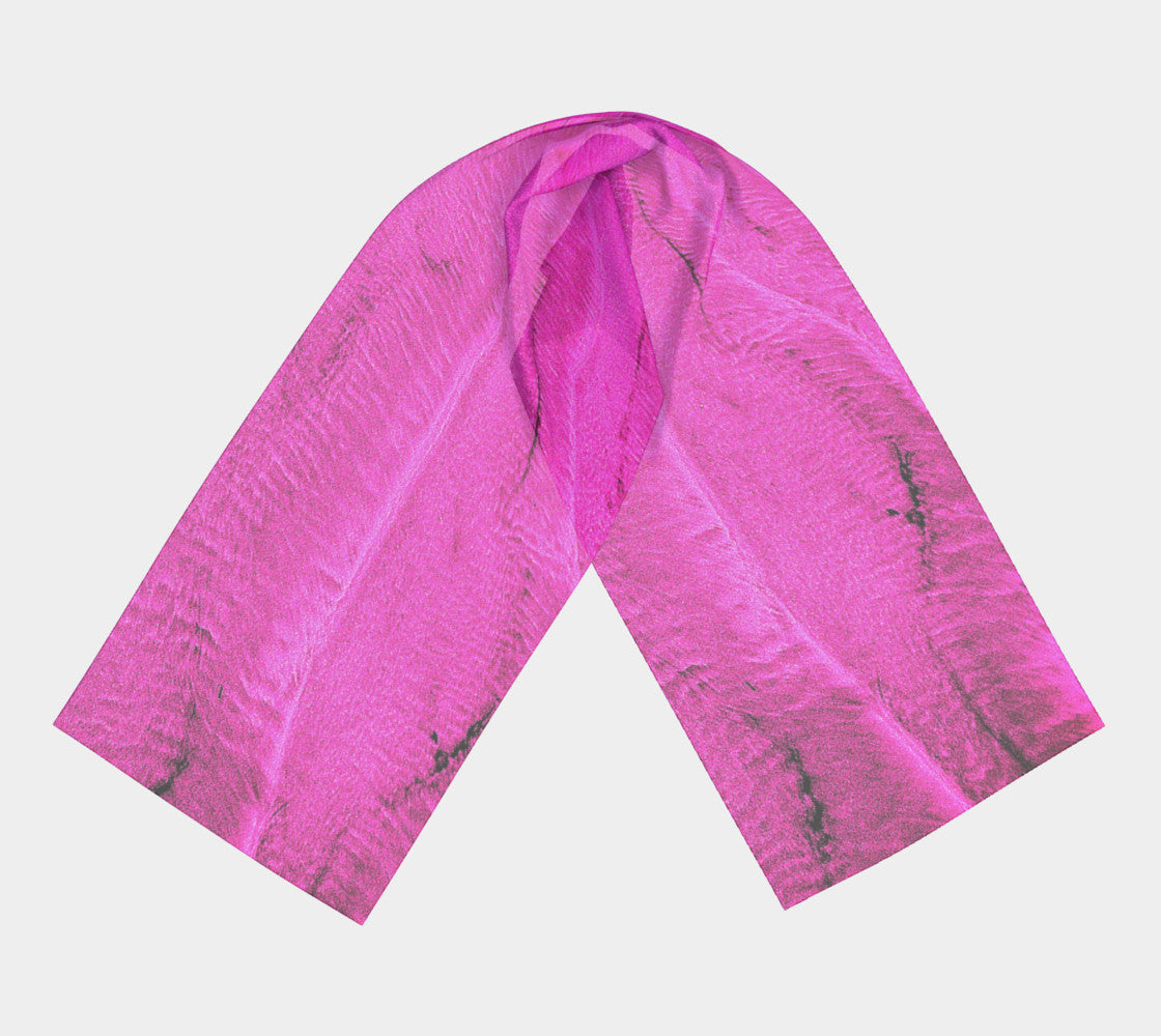 Pink Sand Long Scarf Wear as a scarf, shawl or as a head wrap. Use for home decor as a wall hanging, also makes fabulous Wedding Party Gifts! Artwork printed on 100% polyester lightweight fabric. Choose from three different fabrics polychiffon, satin charmeuse and matte crepe. Machined baby rolled edge hem finish. Choose from 2 sizes: 10" x 45" 16" x 72" by Roxy Hurtubise vanislegoddess.com