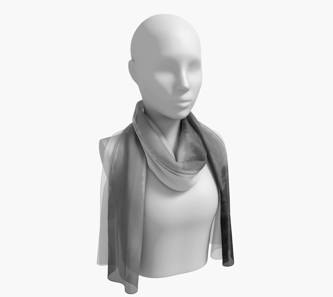 Pacific Mist Long Scarf Wear as a scarf, shawl or as a head wrap. Use for home decor as a wall hanging, also makes fabulous Wedding Party Gifts! Artwork printed on 100% polyester lightweight fabric. Choose from three different fabrics polychiffon, satin charmeuse and matte crepe. Machined baby rolled edge hem finish. Choose from 2 sizes: 10" x 45" 16" x 72" by Roxy Hurtubise vanislegoddess.com