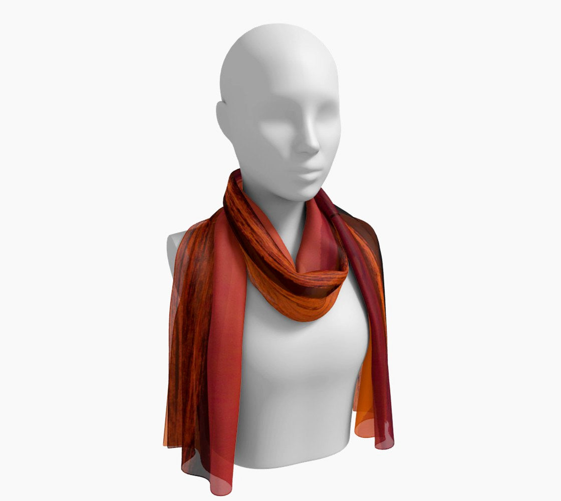 Saratoga Sunset Long Scarf Wear as a scarf, shawl or as a head wrap. Use for home decor as a wall hanging, also makes fabulous Wedding Party Gifts! Artwork printed on 100% polyester lightweight fabric. Choose from three different fabrics polychiffon, satin charmeuse and matte crepe. Machined baby rolled edge hem finish. Choose from 2 sizes: 10" x 45" 16" x 72" by Roxy Hurtubise vanislegoddess.com